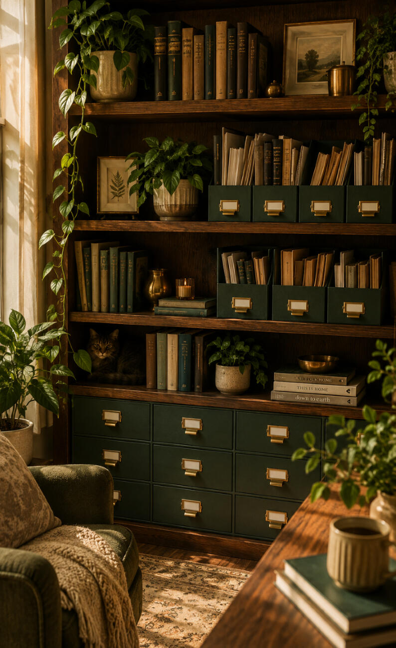 A small business owner working on a laptop at the counter of a warm, plant-filled shop